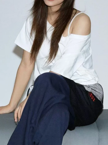 Off Shoulder Solid T-Shirt for Women - Casual Loose Summer Street Style Top