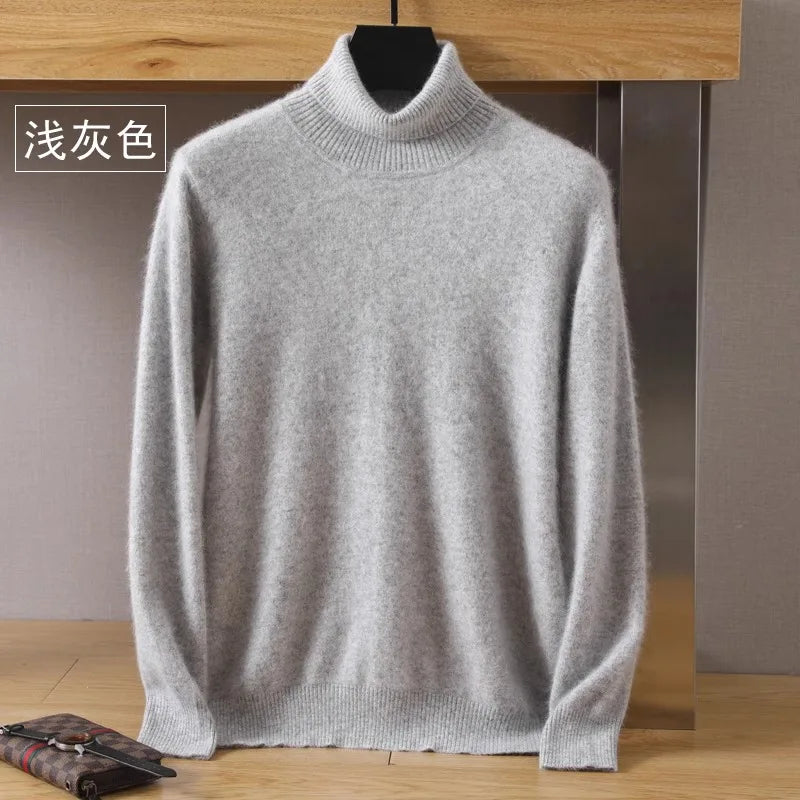 Men's Pure Mink Velvet Cashmere Sweater - High Lapel Long Sleeve Knitted Winter Luxury Pullover Top