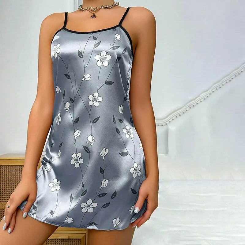 Women’s Satin Floral Sleepdress - Spaghetti Strap Slip Nightgown Comfortable Luxury Sleepwear Dress