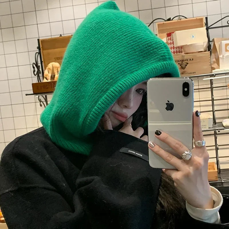 Winter Knitted Hooded Balaclava Hats for Women – Korean Style Outdoor Warmer Beanie with Drawstring Neck Collar
