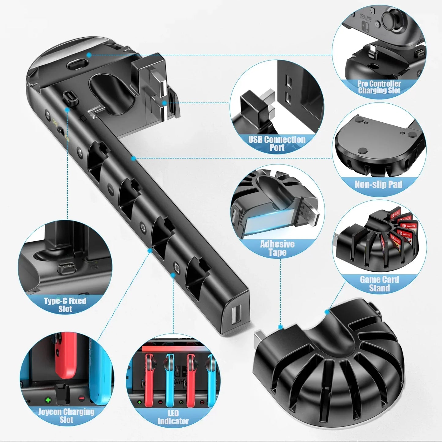 Switch Joy-Con & Pro Controller Fast Charging Dock — 8-Game Slot Station for Nintendo Switch OLED