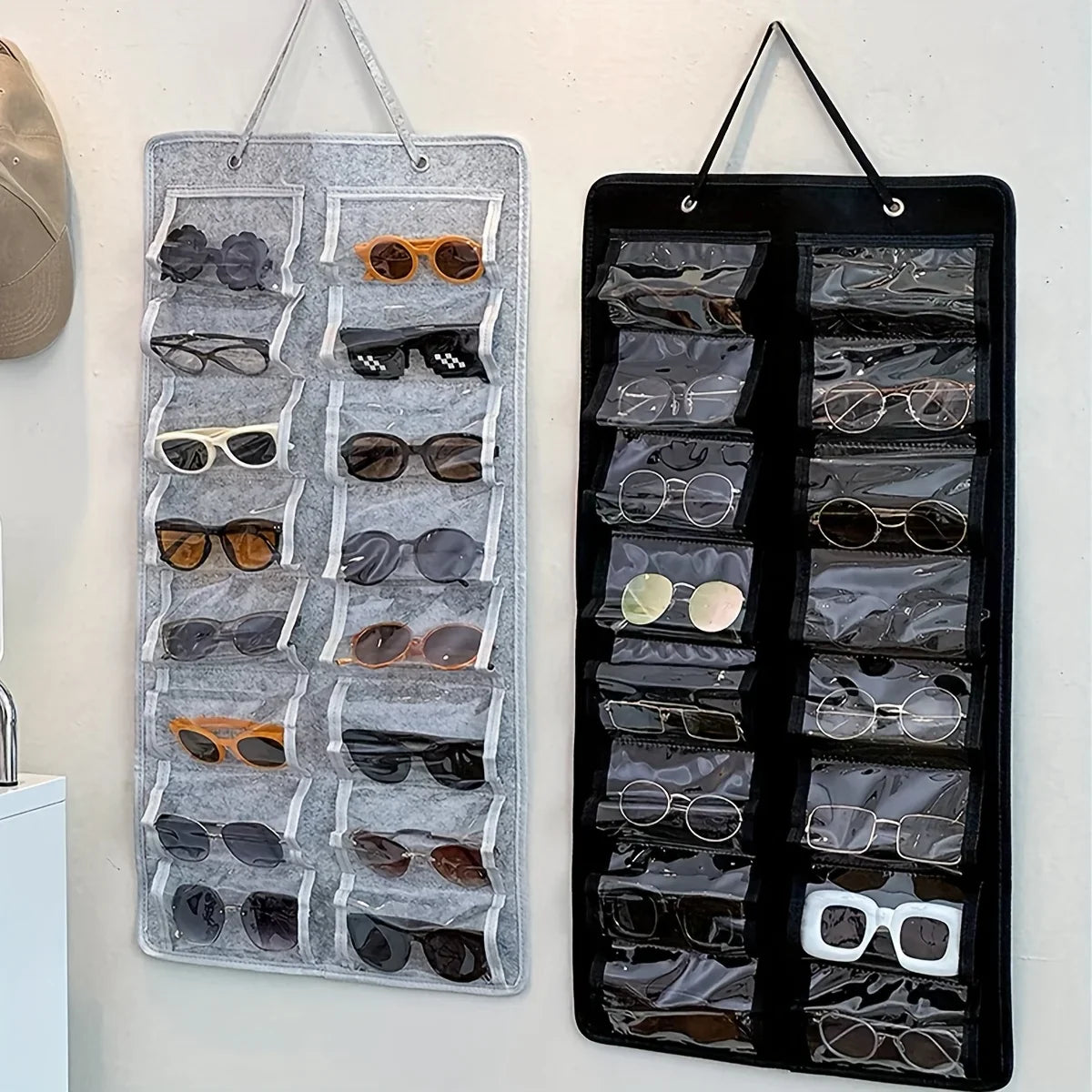 16 Slot Eyeglass Organizer - Felt Wall Mounted Sunglasses Holder with Dustproof Pocket Storage Display Bag