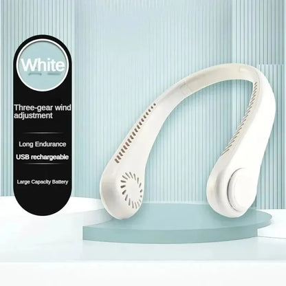 USB Rechargeable Hanging Neck Fan – Adjustable Mini Leafless Personal Cooler with Strong Airflow for Outdoor Use