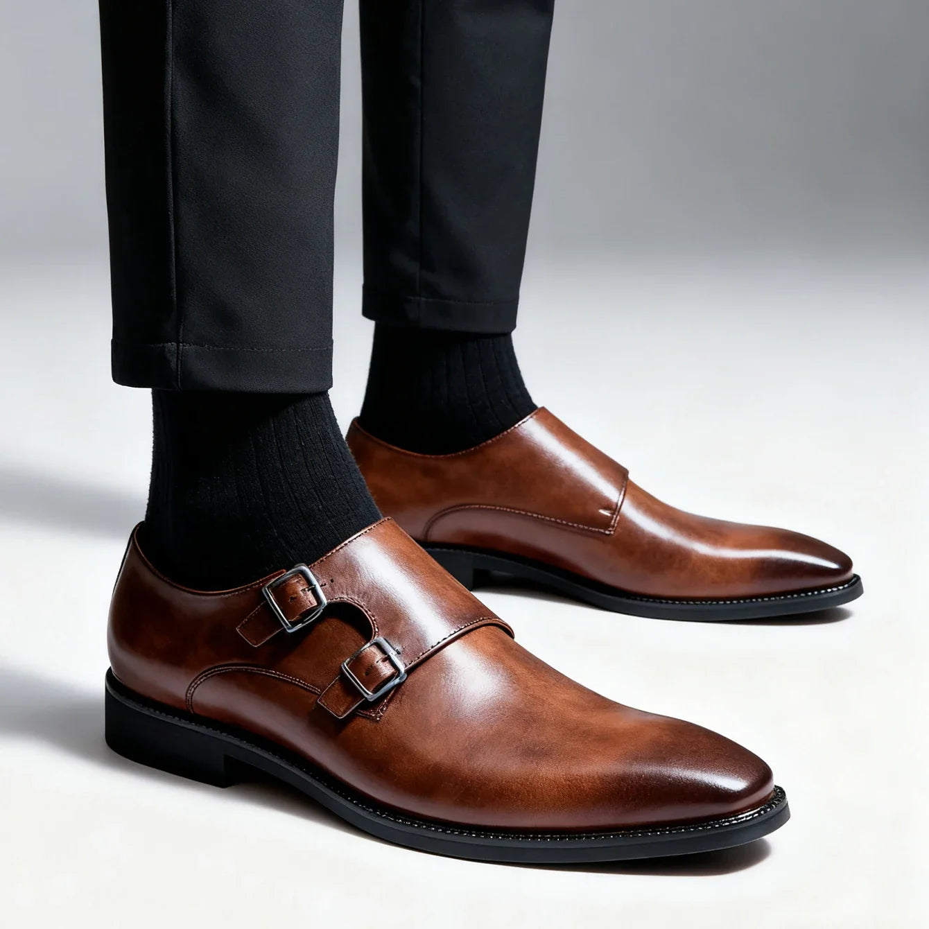 Men’s Retro Monk Strap Dress Shoes - Pointed Toe Leather Oxfords for Business, Office & Wedding