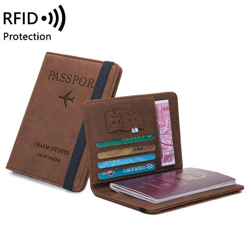 RFID Leather Passport Wallet - Vintage Multi-Function Travel Holder for Men & Women ID Bank Cards Business Accessories