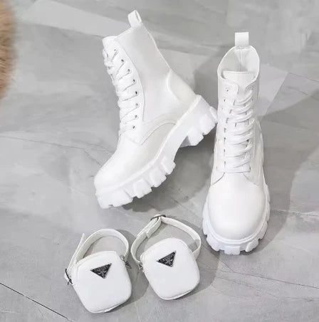 Women's Leather Oxford Motorcycle Boots – Lace-Up Platform Wedge Shoes in White, Black, and Rinse