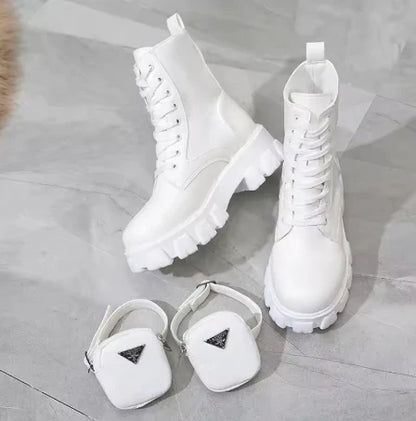 Women's Leather Oxford Motorcycle Boots – Lace-Up Platform Wedge Shoes in White, Black, and Rinse