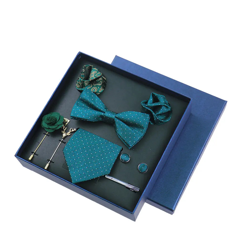 Men’s Luxury Silk Tie Set - 8cm Wedding Necktie with Bowtie, Pocket Square, Cufflinks & Floral Gift Box Accessories