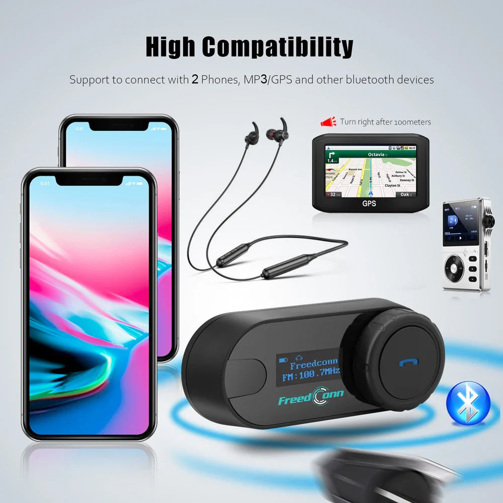 FreedConn Bluetooth Motorcycle Intercom Helmet Headset - Wireless Motorbike Interphone with LCD Screen & FM Earphone