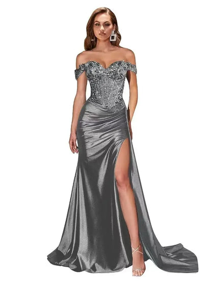 Dark Navy Off-Shoulder Prom Dress – Sweetheart Beaded Lace Evening Gown with High Side Slit, Corset Formal Party Dress 2025