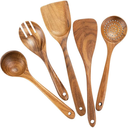 Wood Kitchenware Cooking Set – Household Spatula, Spoon, Fork & Salad Utensils with Storage Bucket
