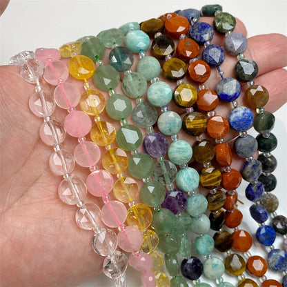 10mm Natural Gemstone Beads - Flat Round Faceted Crystal Jade Loose Beads for DIY Necklace & Bracelet Jewelry Making