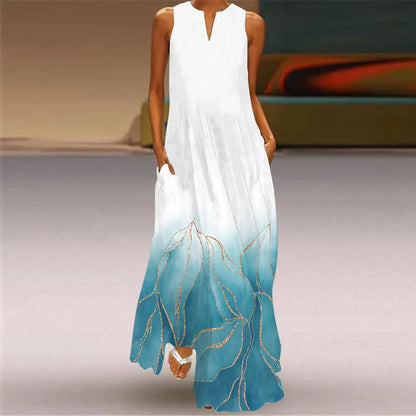 Vintage Boho Maxi Dress - Women's Summer V Neck Sleeveless Long Sundress with Pockets