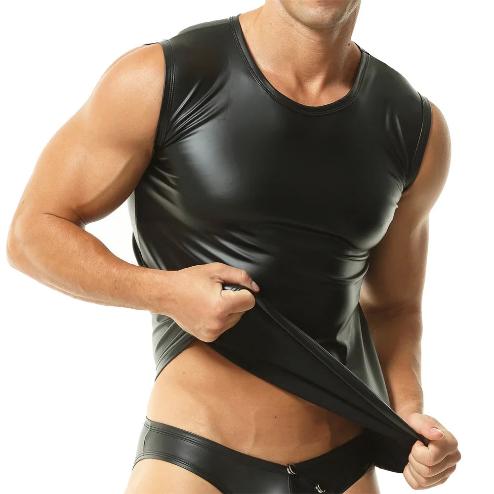 Men's Faux Leather Slim Tank Top - Sleeveless Gym Fitness Bodybuilding Vest Sport Singlet Elastic Undershirt Fashion T-Shirt