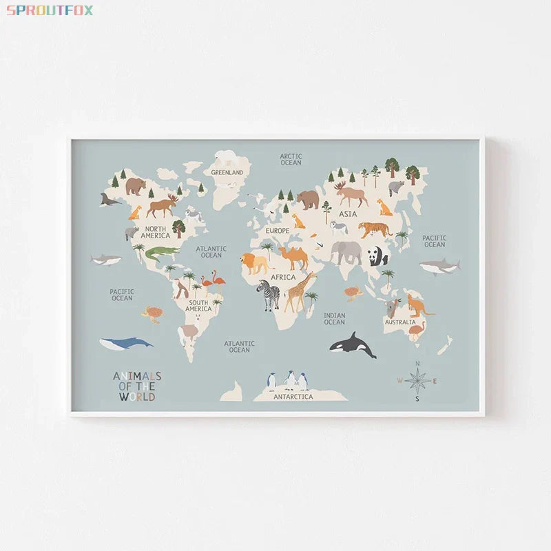 Pastel Animal World Map Canvas Wall Art – Educational Nordic Poster Print for Kids Room Decoration & Nursery Home Decor