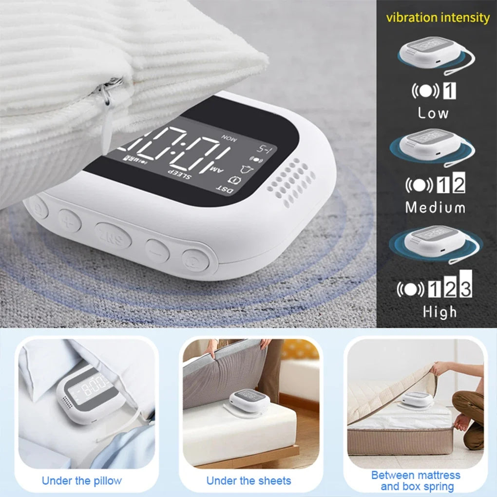 LED Vibration Alarm Clock - Rechargeable Wake-Up Clock with White Noise & Natural Sound