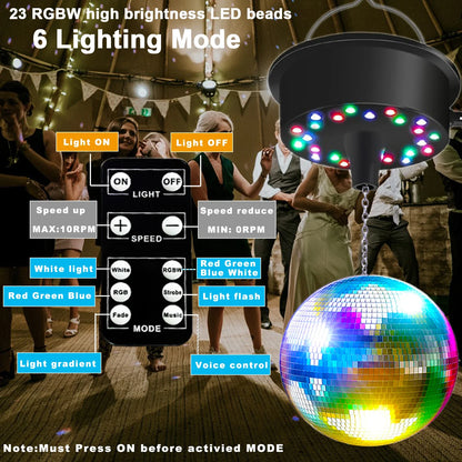 RGBW Disco Ball Motor with Remote - Adjustable 5-10RPM Mirror Ball Spinner with Multi-Mode LED Lighting