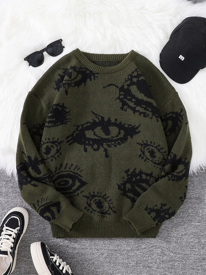 Men's Abstract Eye Jacquard Sweater - Round Neck Knitted Autumn Winter Casual Pullover Top