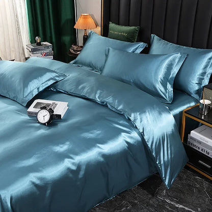 Silk Bedding Set With Duvet Cover - Luxury Satin Bed Sheet Pillowcase Set Solid Color King Queen Twin Size
