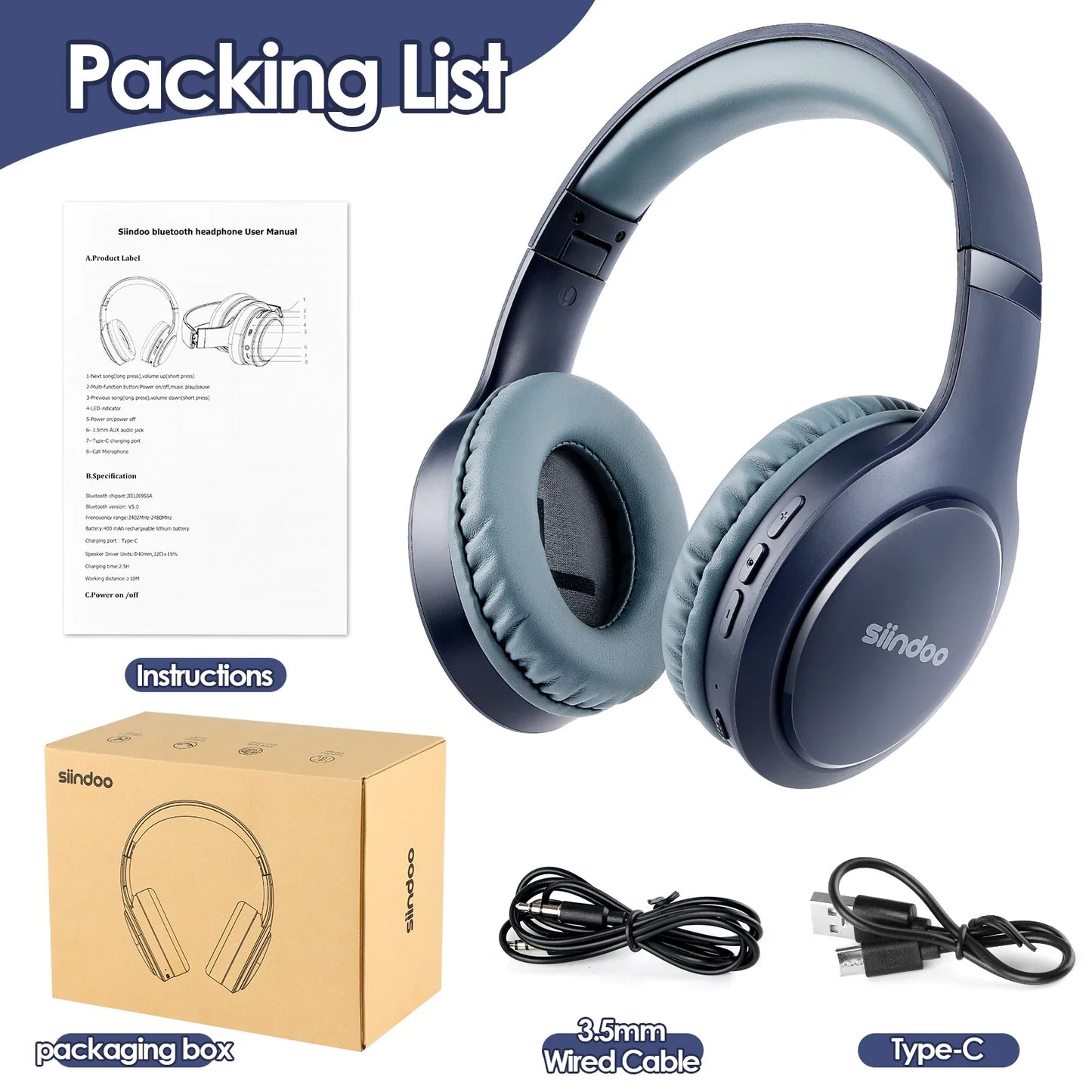 Siindoo JH-919 Foldable Wireless Headphones – Bluetooth Stereo Earphones with Mic & Super Bass, 4 Colors for iPhone, Laptop, PC
