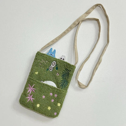 Cartoon Cat Embroidered Lamb Plush Handbag – Cute One-Shoulder Messenger Bag for Mobile Phone & Daily Use