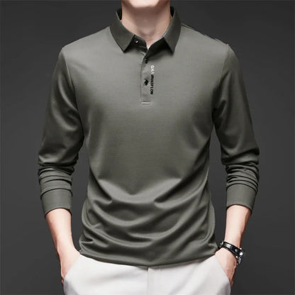 Men's Business Casual Polo Shirt - Long Sleeve Solid Color Top with Badge Detail