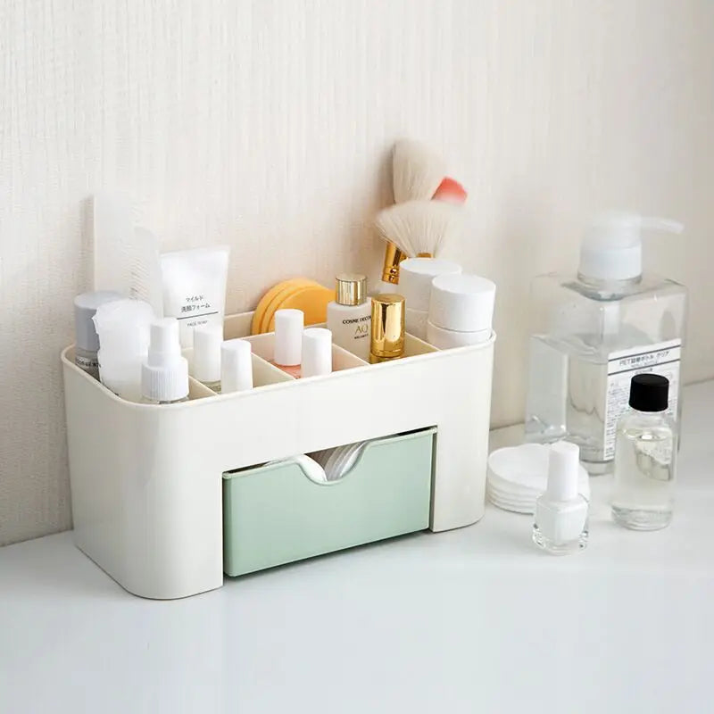 Acrylic Makeup Organizer Box - Cosmetic Storage Drawer with Lipstick, Brush & Cotton Swab Holder