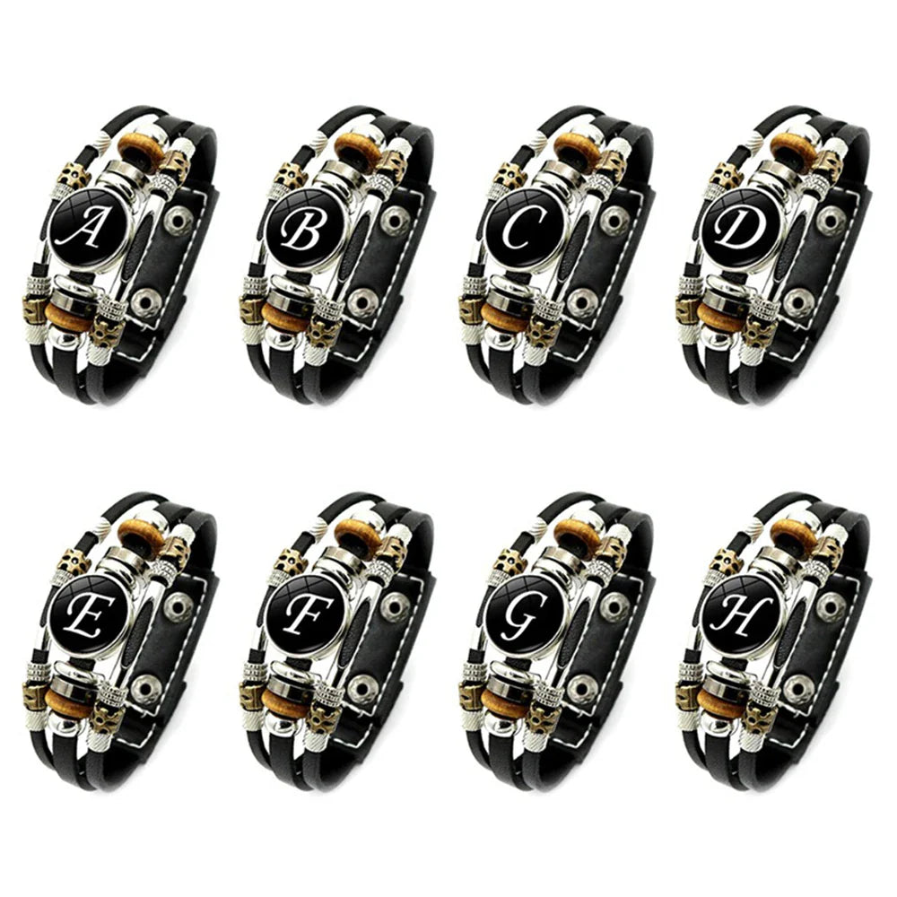 A-Z English Letters Leather Bracelet - 26 Initial Cabochon Glass Snap Wristband for Men & Women, Couple Gift