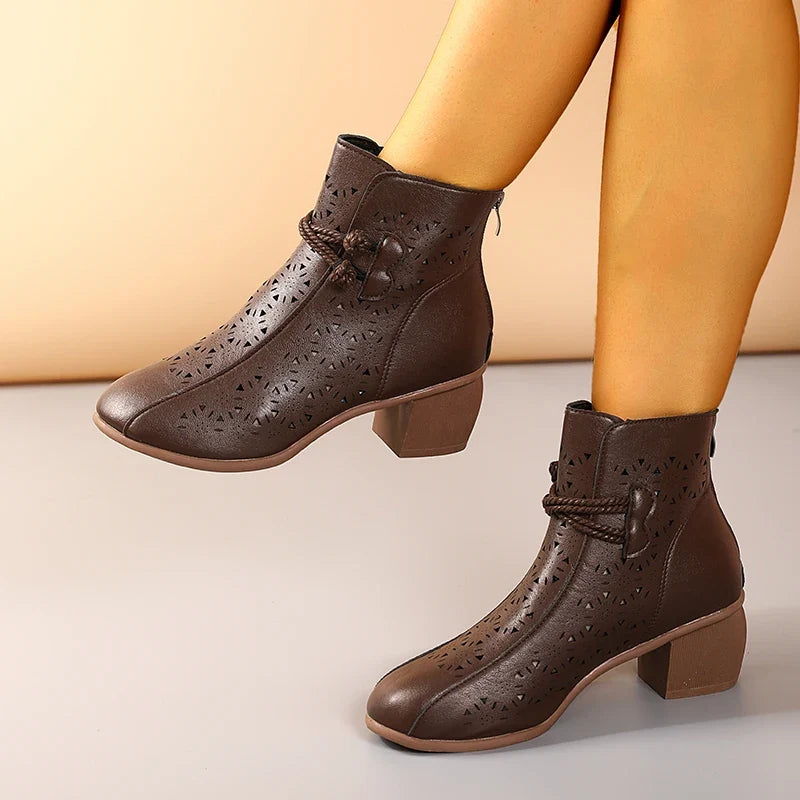 Women’s Hollow-Out Ankle Boots - 2025 Summer Retro Mid-Heel Soft Sole Breathable Shoes