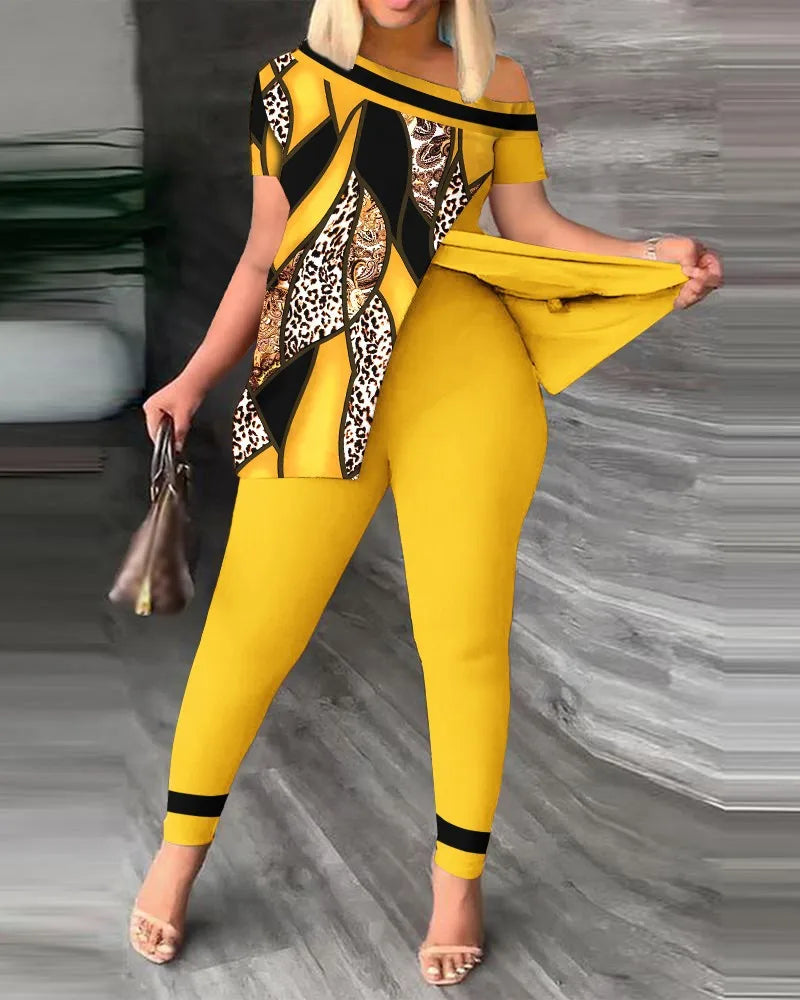 Elegant Women’s Two-Piece Set – Printed Ruffle Sleeve Top & Solid Color Pants with Belt