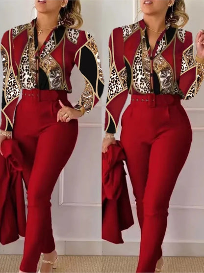 Women’s Autumn Winter Two-Piece Set – Stand Neck Floral Shirt & Pants with Belt, Elegant Casual Outfit