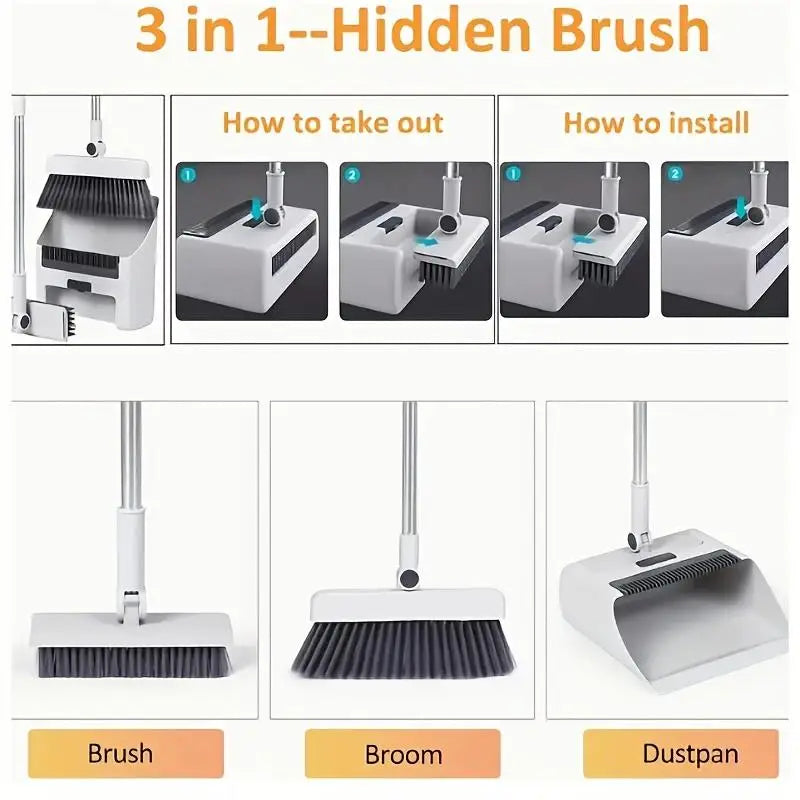 3-in-1 Folding Broom & Dustpan Set - Multi-Surface Floor Cleaning Brush with Strong Bristles