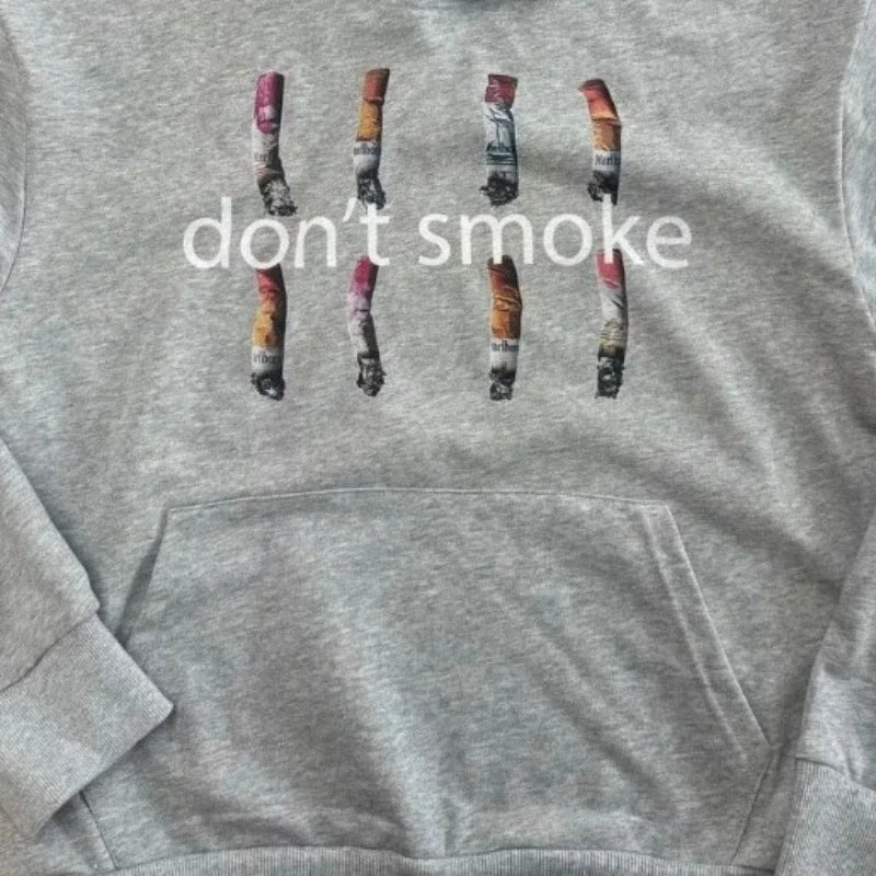 Y2K Gray Sports Hoodie — Retro Smoke Print Sweater, Unisex Vintage Hip Hop Streetwear Loose Jacket