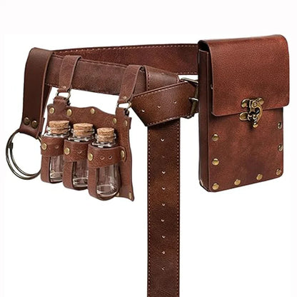 Renaissance Costume Belt Set – Leather Pouch with 3 Potion Bottles, Medieval Festival & Halloween Waist Accessories
