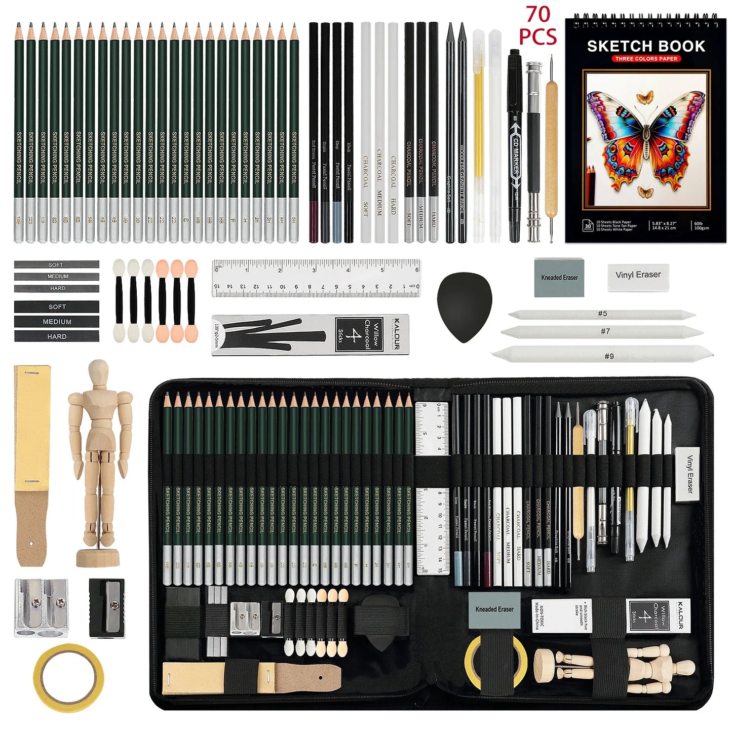 Drawing & Sketching Kit 20/54/58/70/144PCS – Portable Travel Case with Graphite, Charcoal, White Color Pencils & Blending Stump