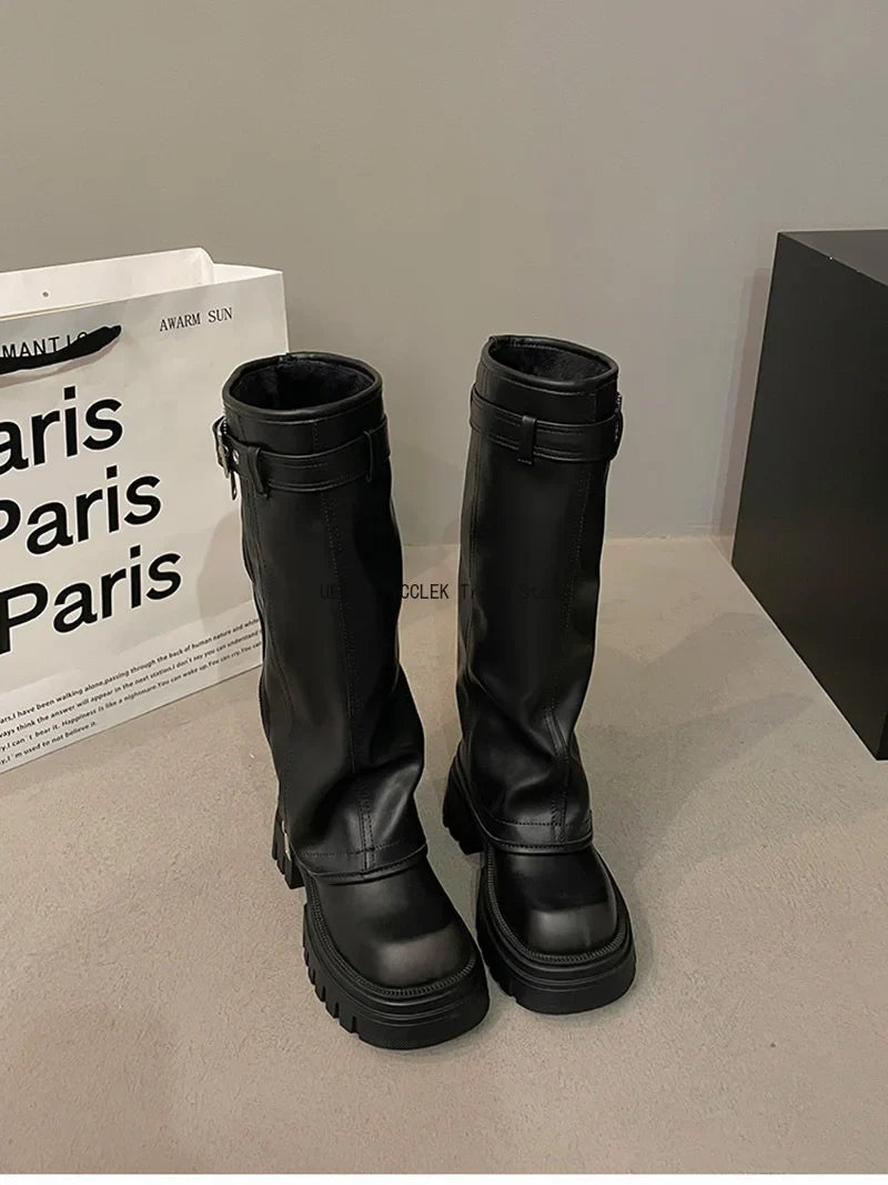 Winter Women's Biker Boots – Fashion Belt Buckle Knee-High Platform Booties