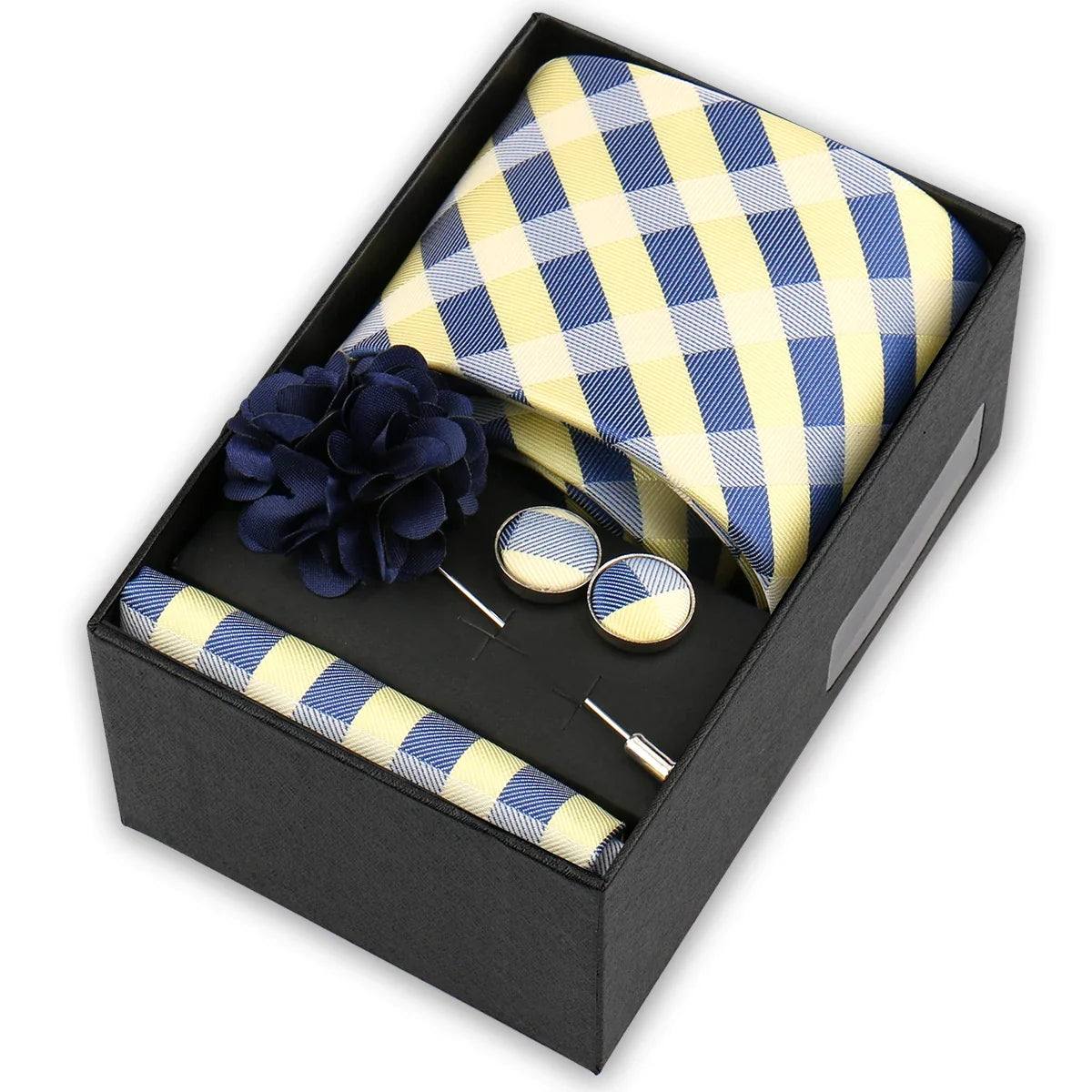Men’s 4-Piece Tie Set Gift Box - Elegant Necktie with Handkerchief, Cufflinks & Brooch for Business, Wedding & Suit Accessories