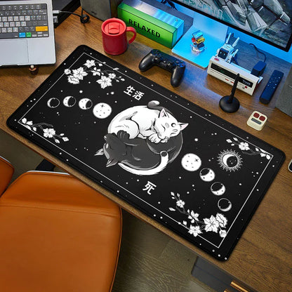 Black Cat Large Mouse Pad 90x40 — Kawaii Black & White Desk Mat for Computer & Office