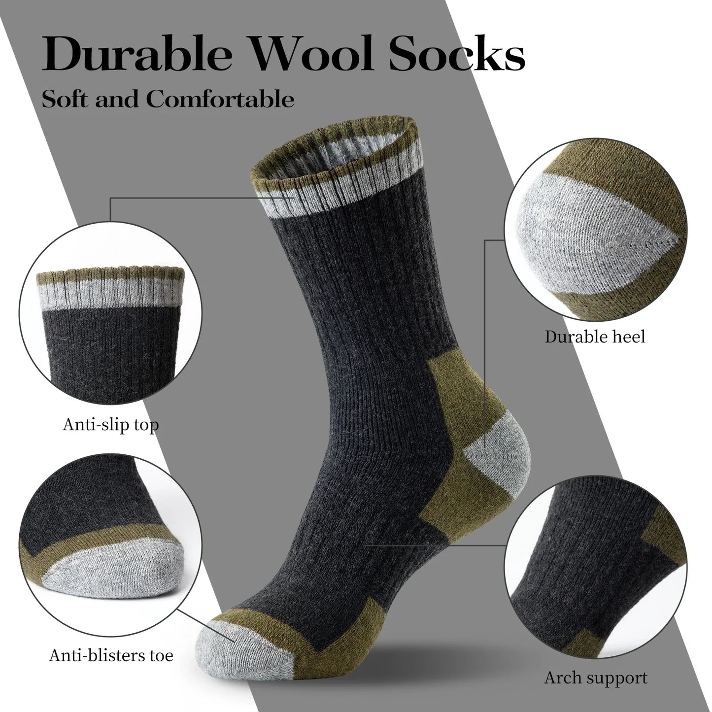 5 Pairs Merino Wool Hiking Socks for Men | Soft, Warm, Moisture-Wicking Winter Crew Socks for Indoor & Outdoor Wear