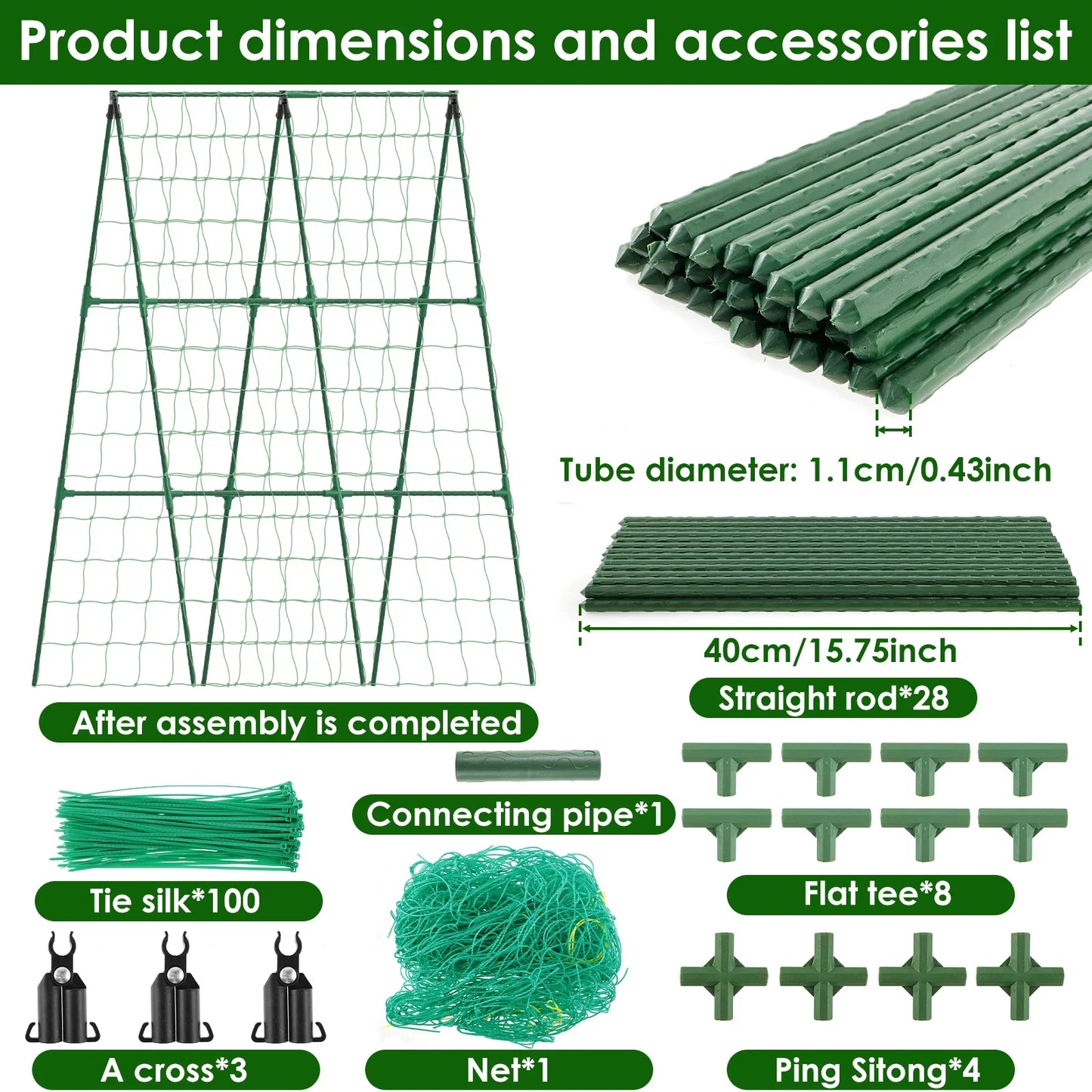 A-Frame Garden Trellis Kit - Rustproof Vegetable Climbing Support with Net for Cucumbers & Outdoor Plants
