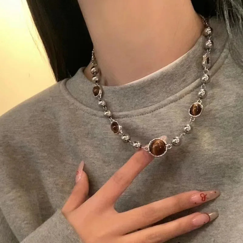 Y2K Opal Pendant Necklace - Fashion Punk Bohemian Metal Chain Jewelry for Women & Girls