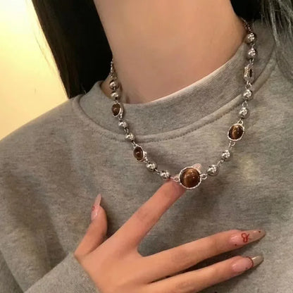 Y2K Opal Pendant Necklace - Fashion Punk Bohemian Metal Chain Jewelry for Women & Girls