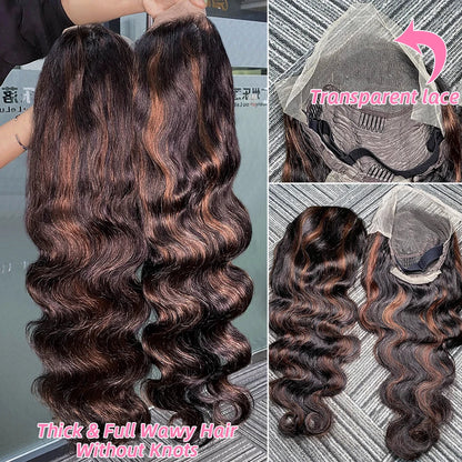 30 Inch Brazilian Body Wave Highlight Ombre Wig – 13x4 Lace Front, 1B/30 Black Brown Human Hair Wig for Women