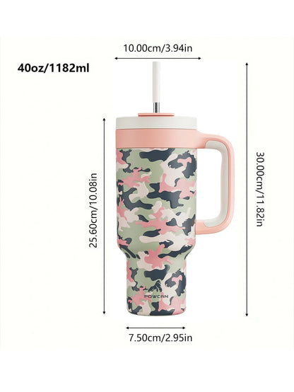 Powcan 40oz Stainless Steel Tumbler with Handle & Straw – Camouflage Prints, Leak-Proof Vacuum Travel Mug for Outdoors