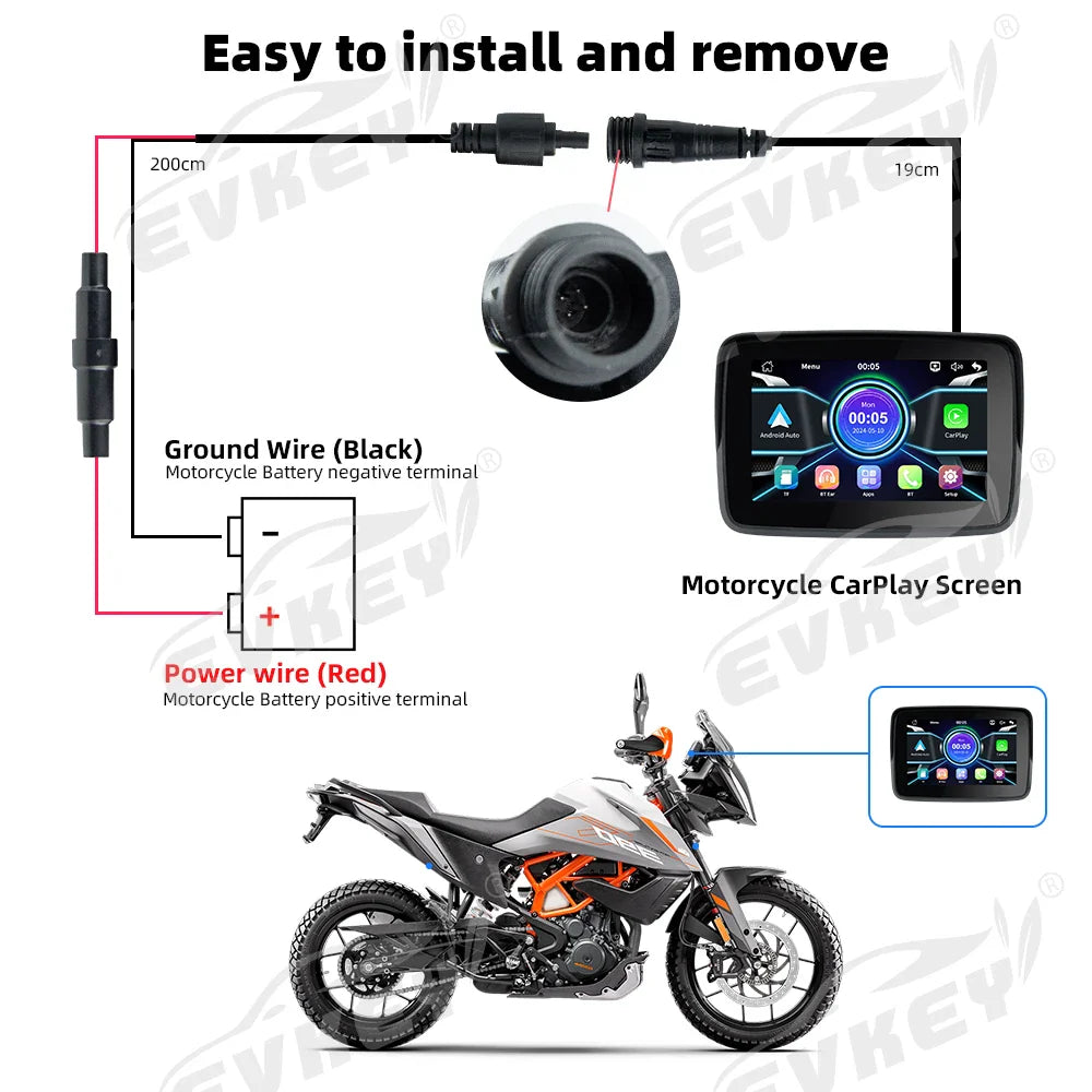 EVKEY MTC13 Motorcycle Navigation Display - Waterproof CarPlay Screen, Portable Wireless Monitor with Android Auto