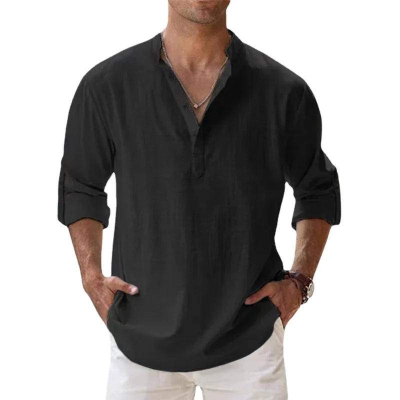Men's Cotton Linen Henley Shirt - Lightweight Long Sleeve Casual Beach Summer Top