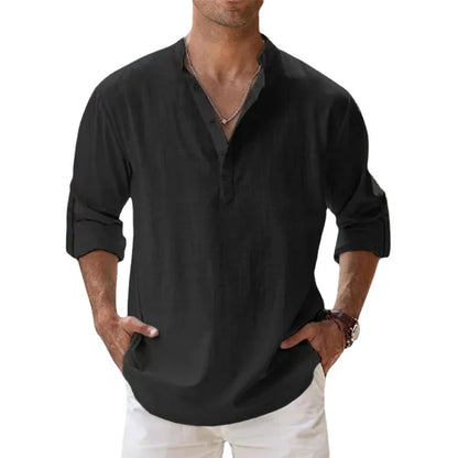 Men's Cotton Linen Henley Shirt - Lightweight Long Sleeve Casual Beach Summer Top