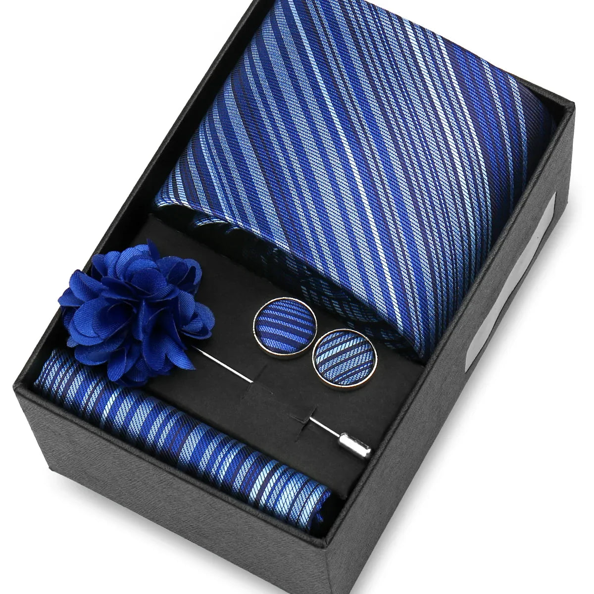 Elegant Men’s Necktie Gift Set - Fashion Tie with Handkerchief, Cufflinks & Brooch Pin Accessories for Business & Wedding