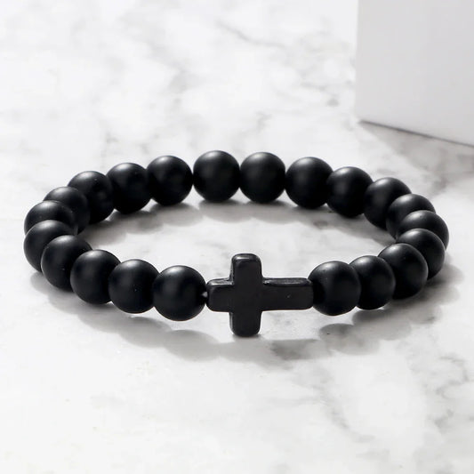 Charm Natural Stone Bracelet - Cross Black Lava Matte Beaded, Handmade Men & Women Prayer Fitness Chain, Couple Jewelry Gift
