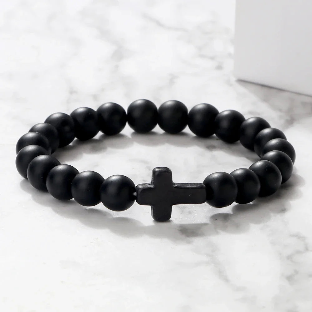 Natural Stone Cross Bracelet - Black Lava Matte Beaded Jewelry for Men & Women Prayer, Fitness & Gift